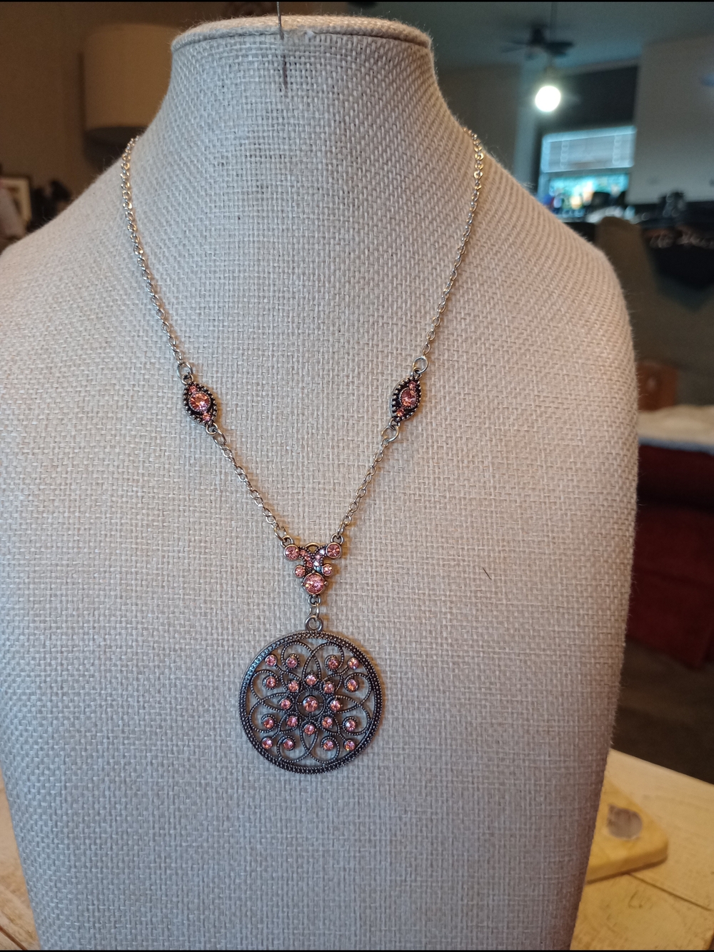 paparazzi Pink Crystal Filigree Medallion Necklace